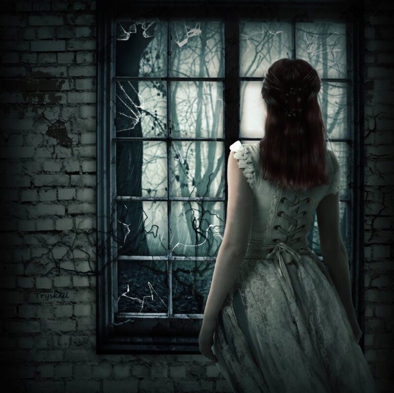 Woman in White Dress — Gray, Dramatic, Night, Digital Art, Window