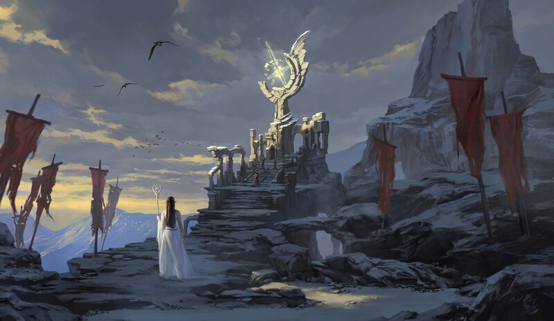 Woman in White Dress — Gray, Dramatic, Sunset, Digital Art, Ancient Ruins