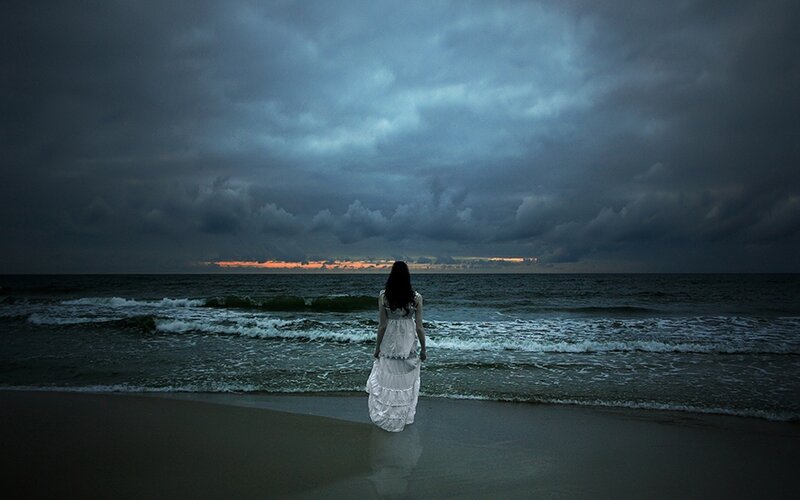 Woman in White Dress — Gray, Dramatic, Sunset, Photograph