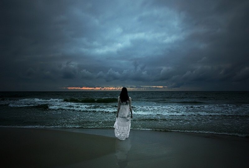 Woman in White Dress — Gray, Dramatic, Sunset