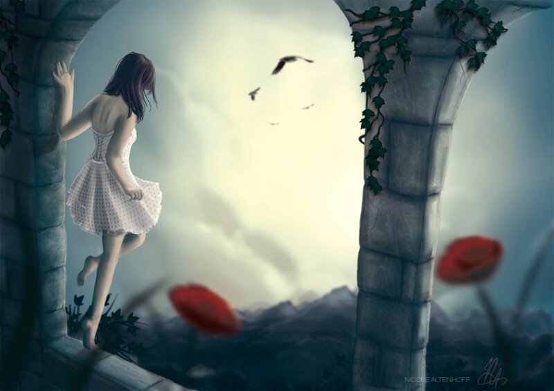 Woman in White Dress — Gray, Dreamy, Digital Art