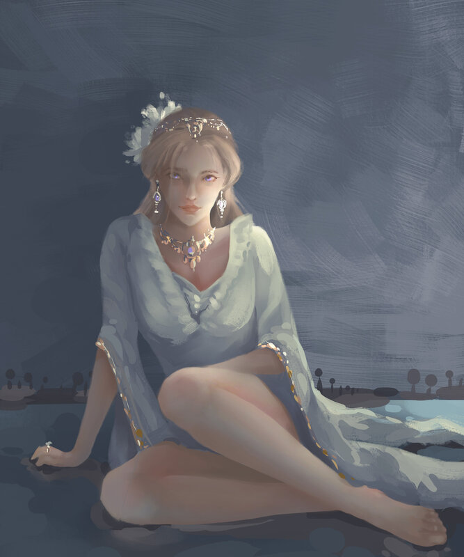 Woman in White Dress — Gray, Serene, Night, Digital Art