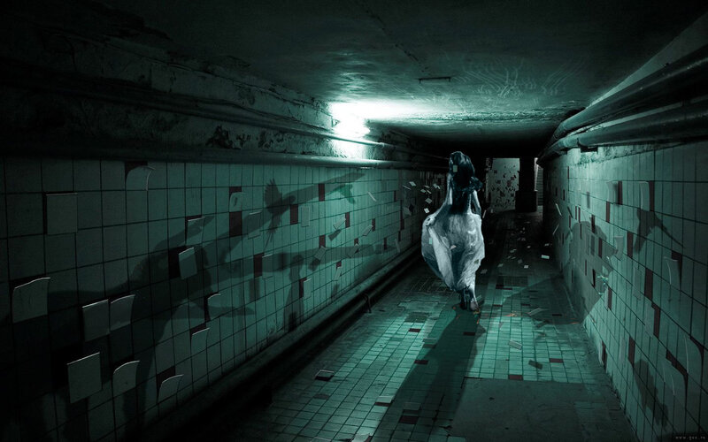 Woman in White Dress — Green, Dark, Night