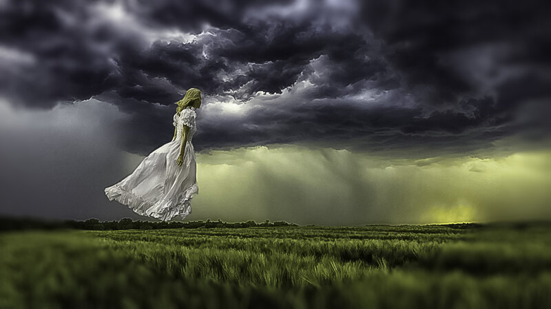 Woman in White Dress — Green, Dramatic, Afternoon, Digital Art, Field