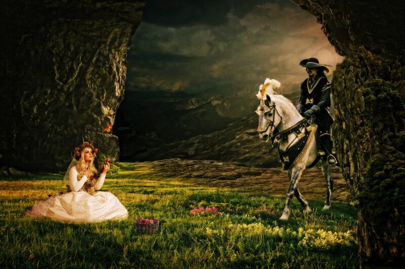 Woman in White Dress — Green, Dramatic, Afternoon, Digital Art, Man on Horse
