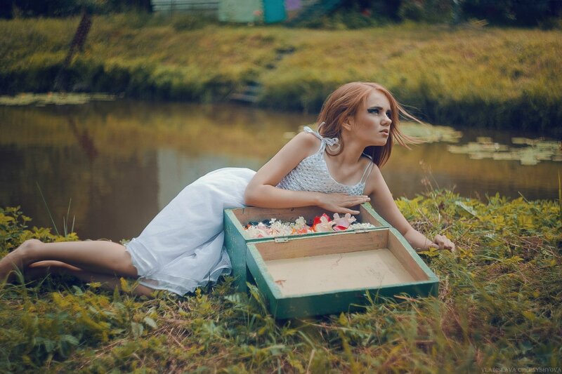 Woman in White Dress — Green, Dramatic, Afternoon, Photograph, Box
