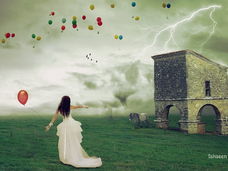 Woman in White Dress — Green, Dramatic, Digital Art, Balloons