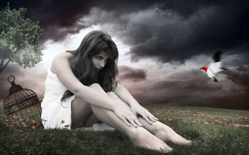 Woman in White Dress — Green, Dramatic, Digital Art, Birdcage