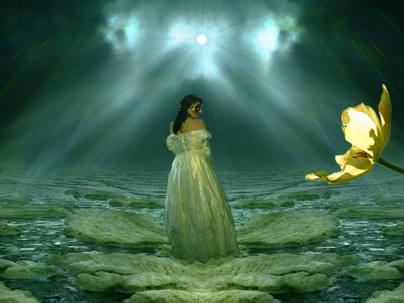 Woman in White Dress — Green, Dramatic, Digital Art, Flower