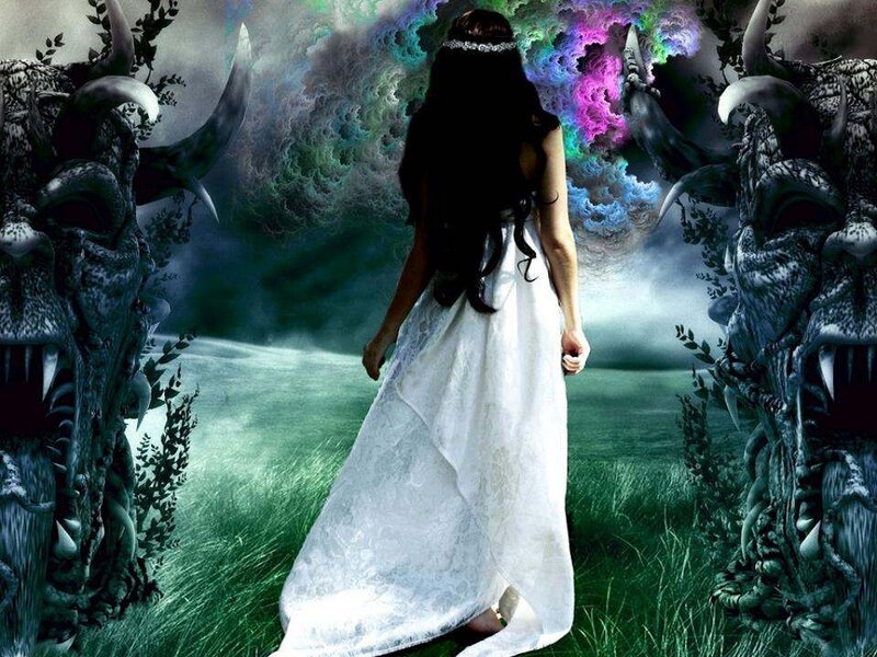 Woman in White Dress — Green, Dramatic, Digital Art, Monsters