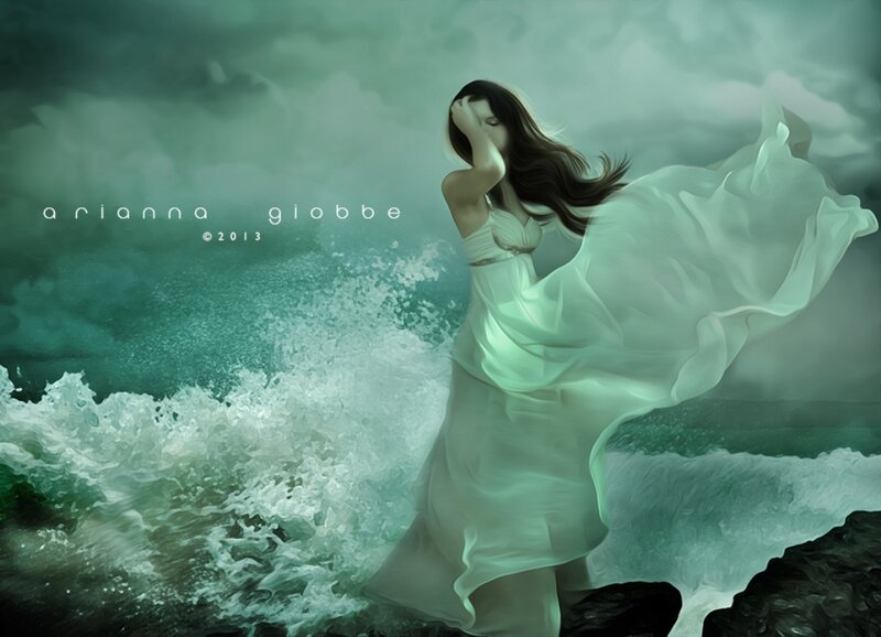 Woman in White Dress — Green, Dramatic, Digital Art, Ocean Waves