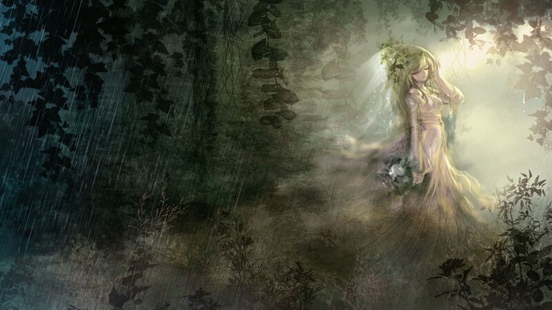 Woman in White Dress — Green, Dramatic, Digital Art, Rain