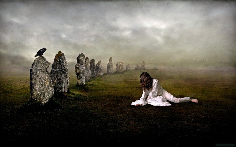 Woman in White Dress — Green, Dramatic, Digital Art, Stone Circle