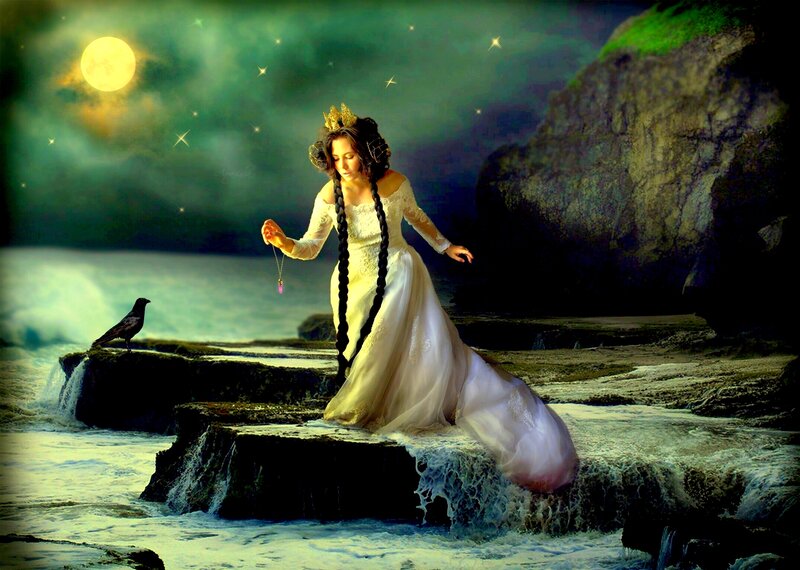 Woman in White Dress — Green, Dramatic, Night, Digital Art, Crow