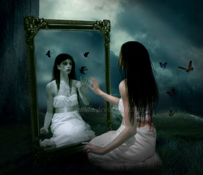 Woman in White Dress — Green, Dramatic, Night, Digital Art, Mirror