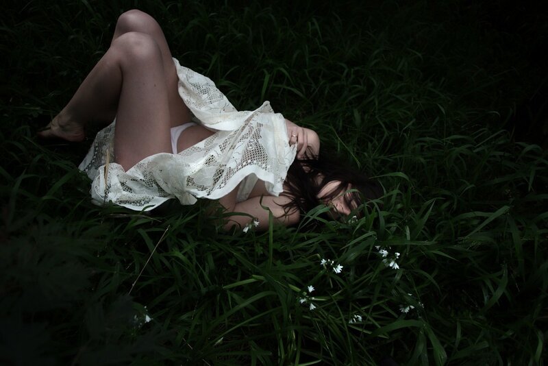 Woman in White Dress — Green, Dramatic, Night, Photograph, Grass