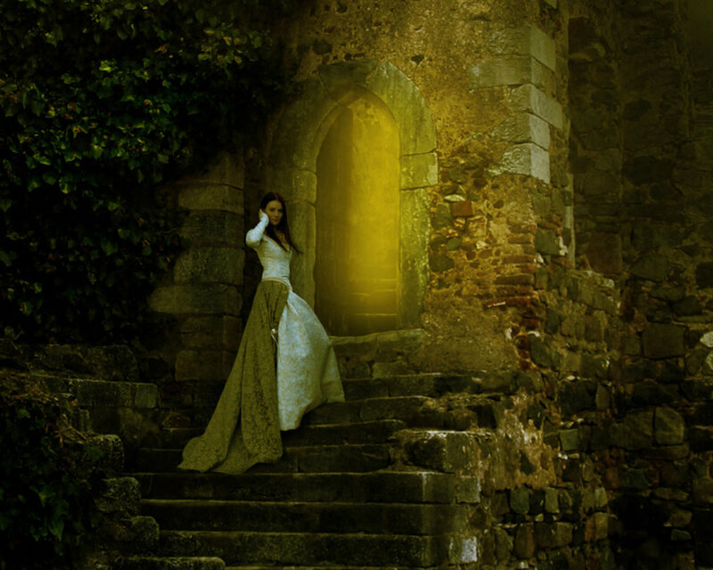 Woman in White Dress — Green, Dramatic, Night, Photograph, Stone Steps