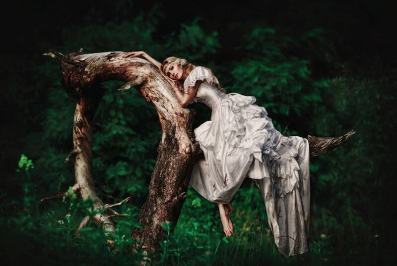 Woman in White Dress — Green, Dramatic, Night, Photograph, Tree