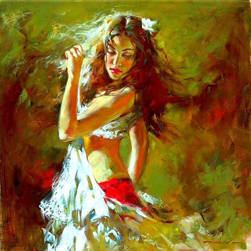 Woman in White Dress — Green, Dramatic, Painting