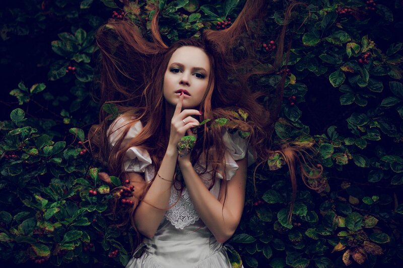 Woman in White Dress — Green, Dramatic, Photograph, Green Leaves, Red Berries