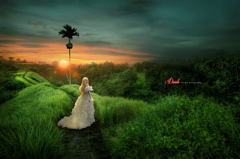 Woman in White Dress — Green, Dramatic, Sunset, Digital Art, Palm Tree