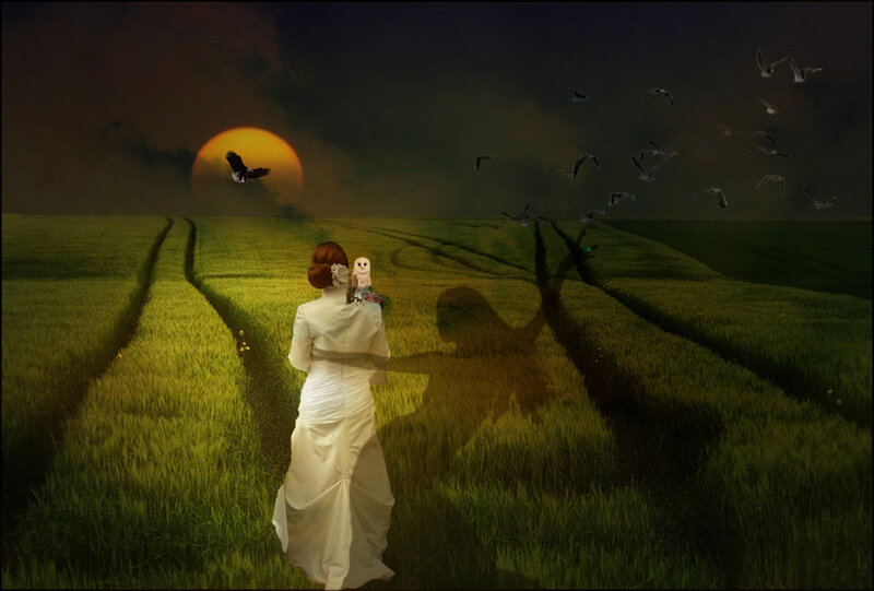 Woman in White Dress — Green, Dramatic, Sunset, Digital Art