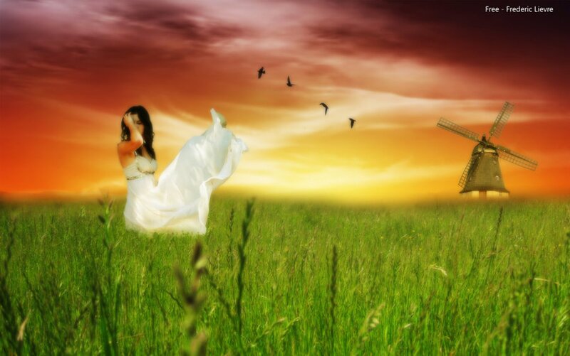 Woman in White Dress — Green, Dramatic, Sunset, Digital Art, Windmill