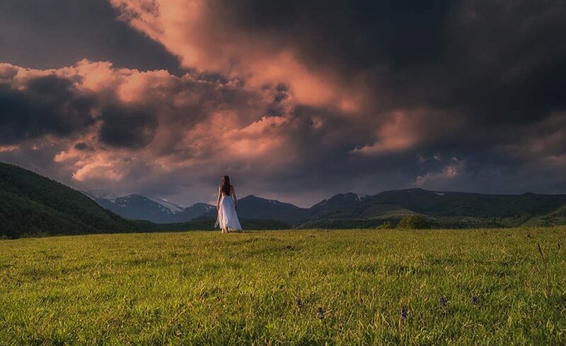 Woman in White Dress — Green, Dramatic, Sunset, Photograph