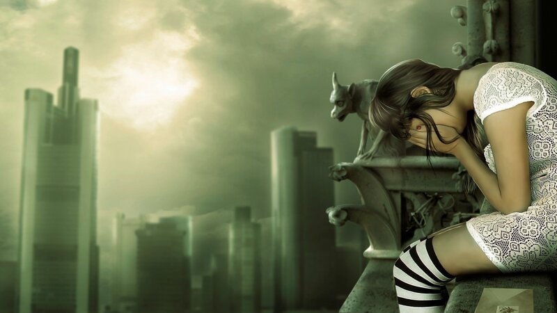 Woman in White Dress — Green, Dramatic, Sunset