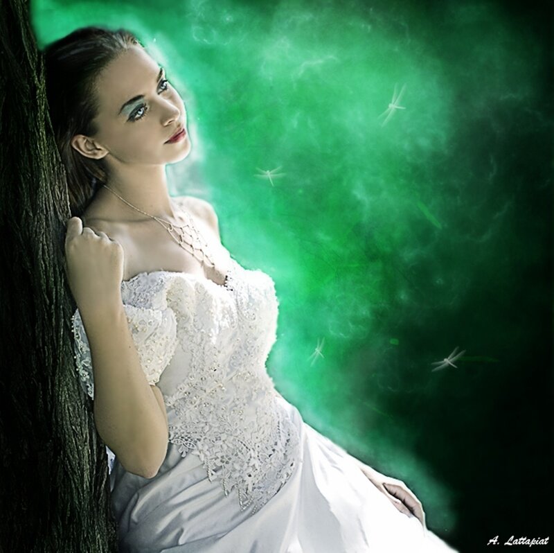 Woman in White Dress — Green, Dreamy, Digital Art, Tree