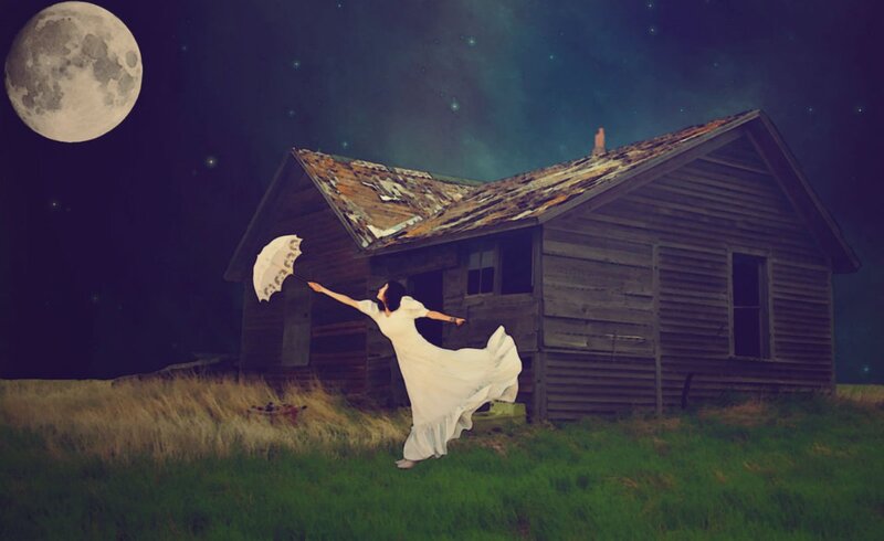 Woman in White Dress — Green, Dreamy, Night