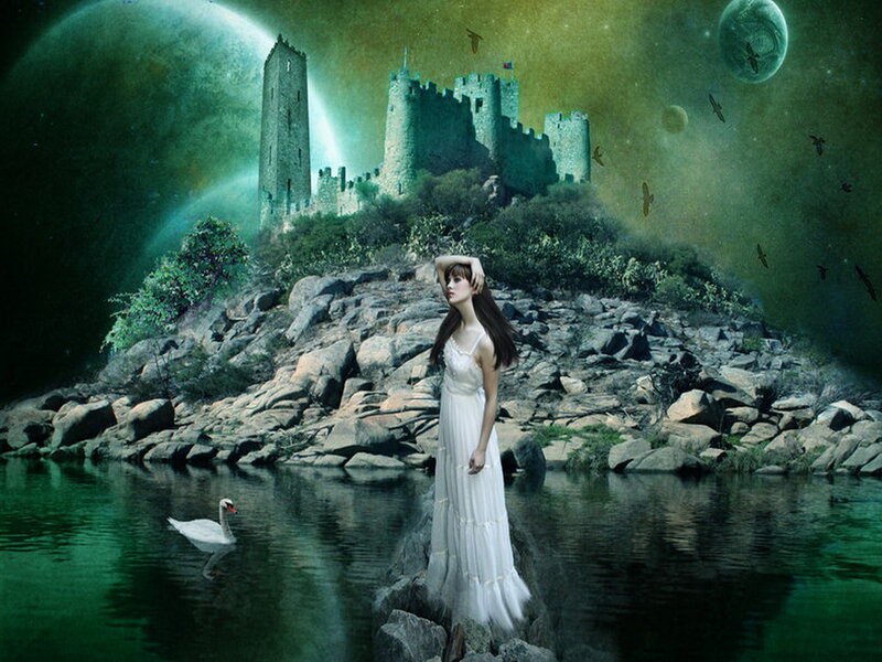 Woman in White Dress — Green, Fantasy, Night, Digital Art
