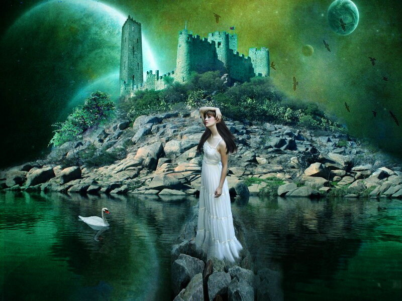 Woman in White Dress — Green, Fantasy, Night