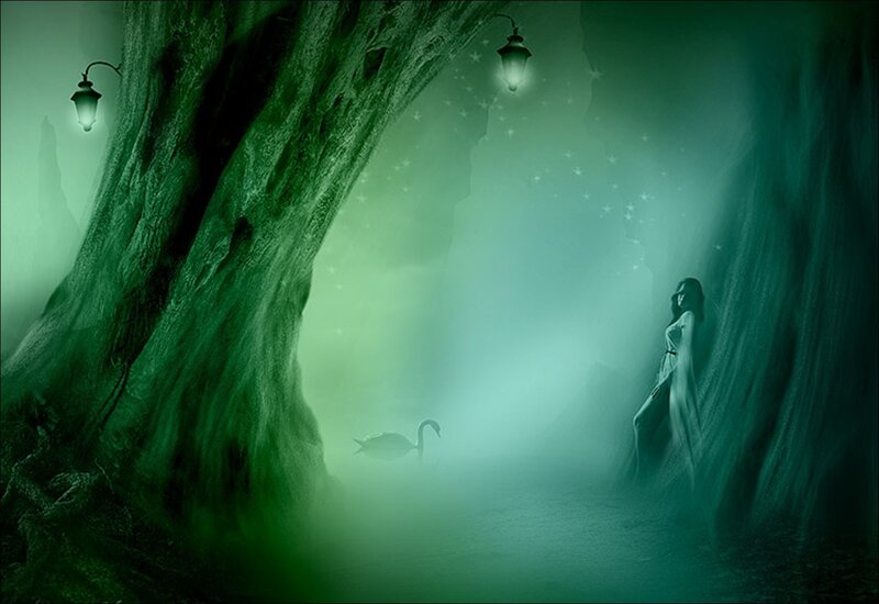 Woman in White Dress — Green, Mystical, Night, Digital Art