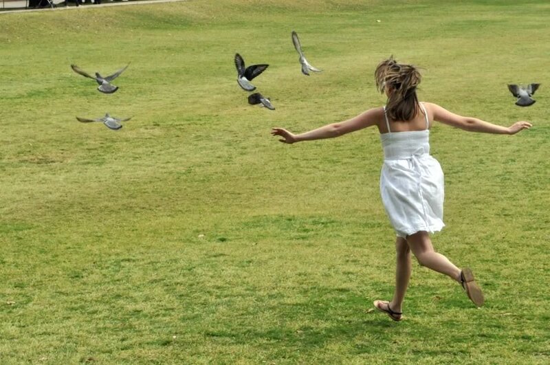 Woman in White Dress — Green, Playful