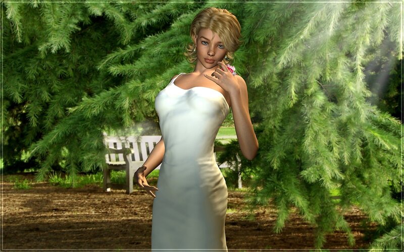 Woman in White Dress — Green, Serene, Afternoon, 3d Render