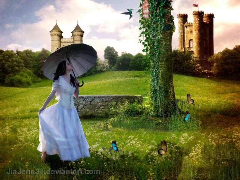 Woman in White Dress — Green, Serene, Afternoon, Digital Art, Castle, Butterflies