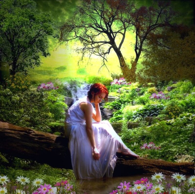 Woman in White Dress — Green, Serene, Afternoon, Digital Art, Forest, Flowers