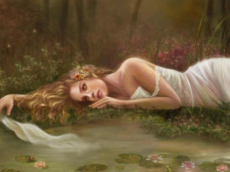 Woman in White Dress — Green, Serene, Afternoon, Painting, Flowers