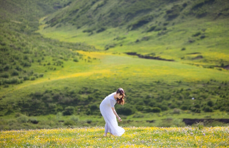 Woman in White Dress — Green, Serene, Afternoon, Photograph, Flower Field