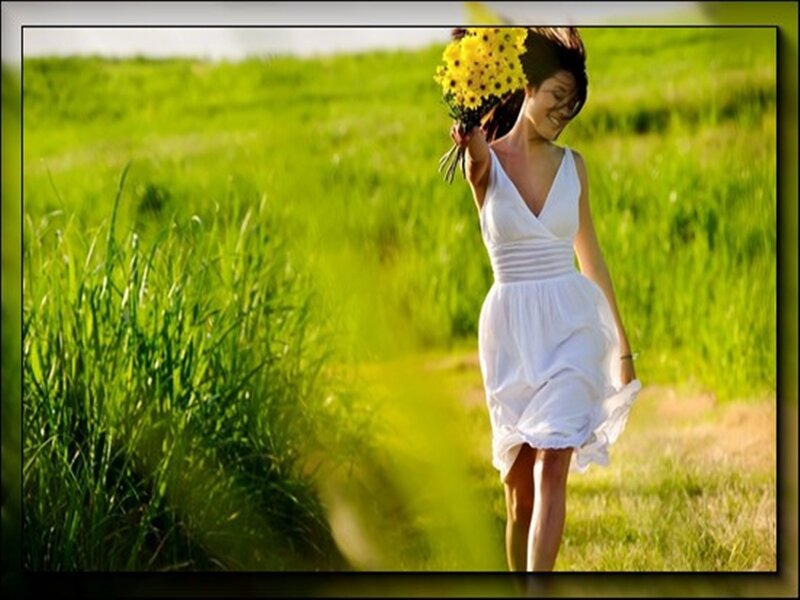 Woman in White Dress — Green, Serene, Afternoon, Photograph, Flowers, Field