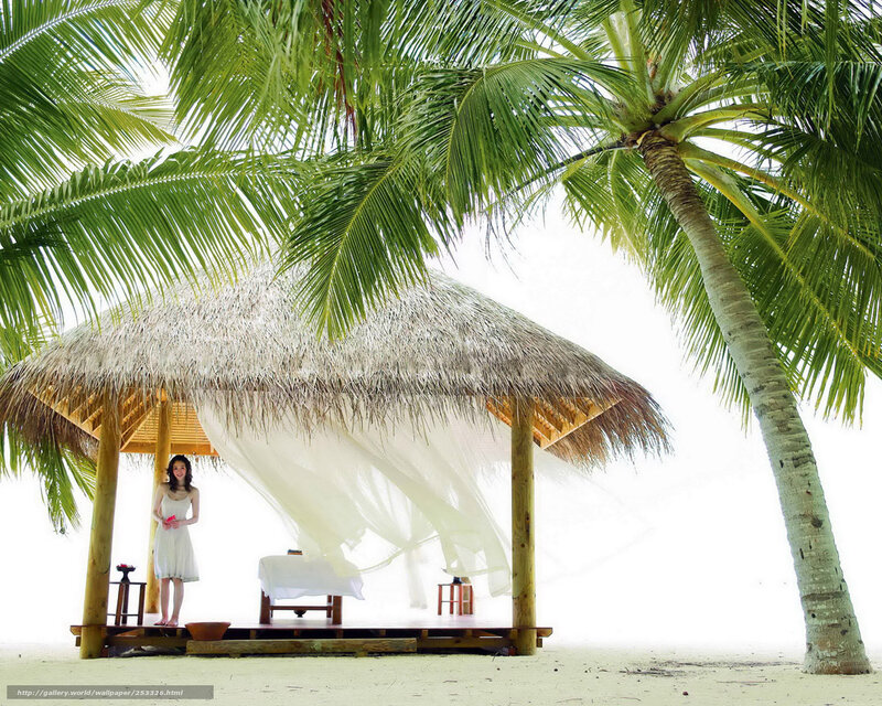 Woman in White Dress — Green, Serene, Afternoon, Photograph, Palm Tree, Thatched Hut