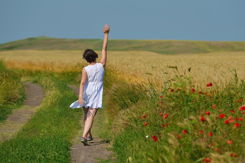 Woman in White Dress — Green, Serene, Afternoon, Photograph, Path