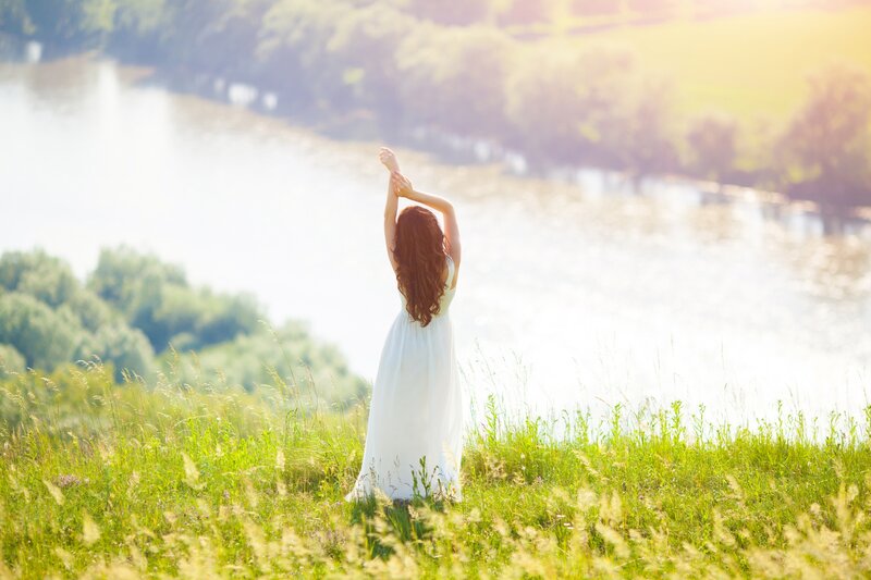 Woman in White Dress — Green, Serene, Afternoon, Photograph, River