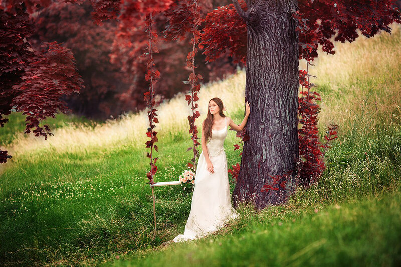 Woman in White Dress — Green, Serene, Afternoon, Photograph, Tree, Swing