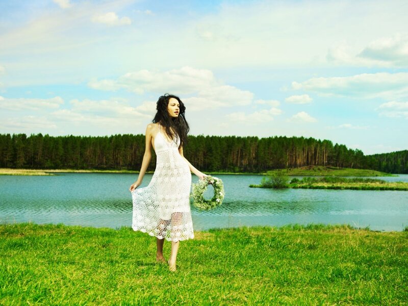 Woman in White Dress — Green, Serene, Afternoon, Photograph, Wreath