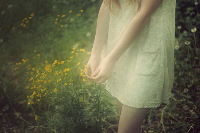 Woman in White Dress — Green, Serene, Afternoon, Photograph, Yellow Flowers