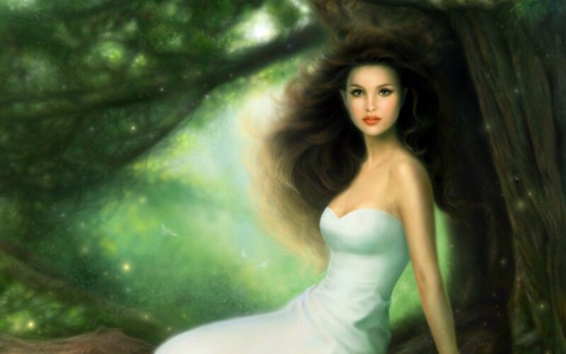 Woman in White Dress — Green, Serene, Day