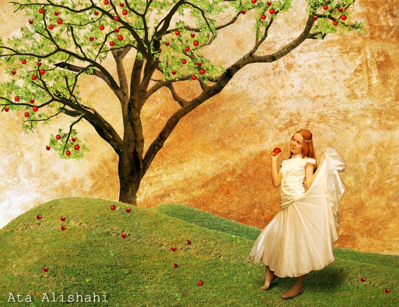 Woman in White Dress — Green, Serene, Digital Art, Apple Tree