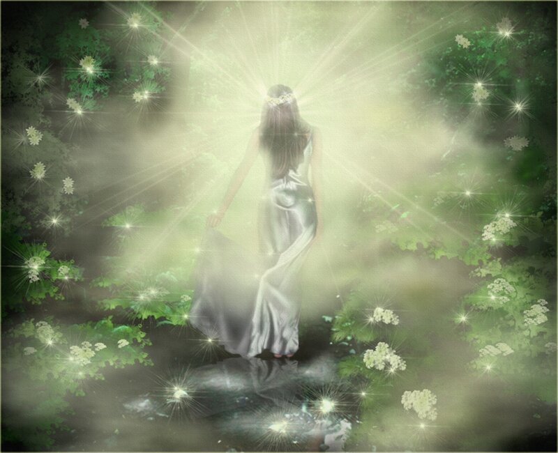 Woman in White Dress — Green, Serene, Digital Art, Flowers, Light Rays